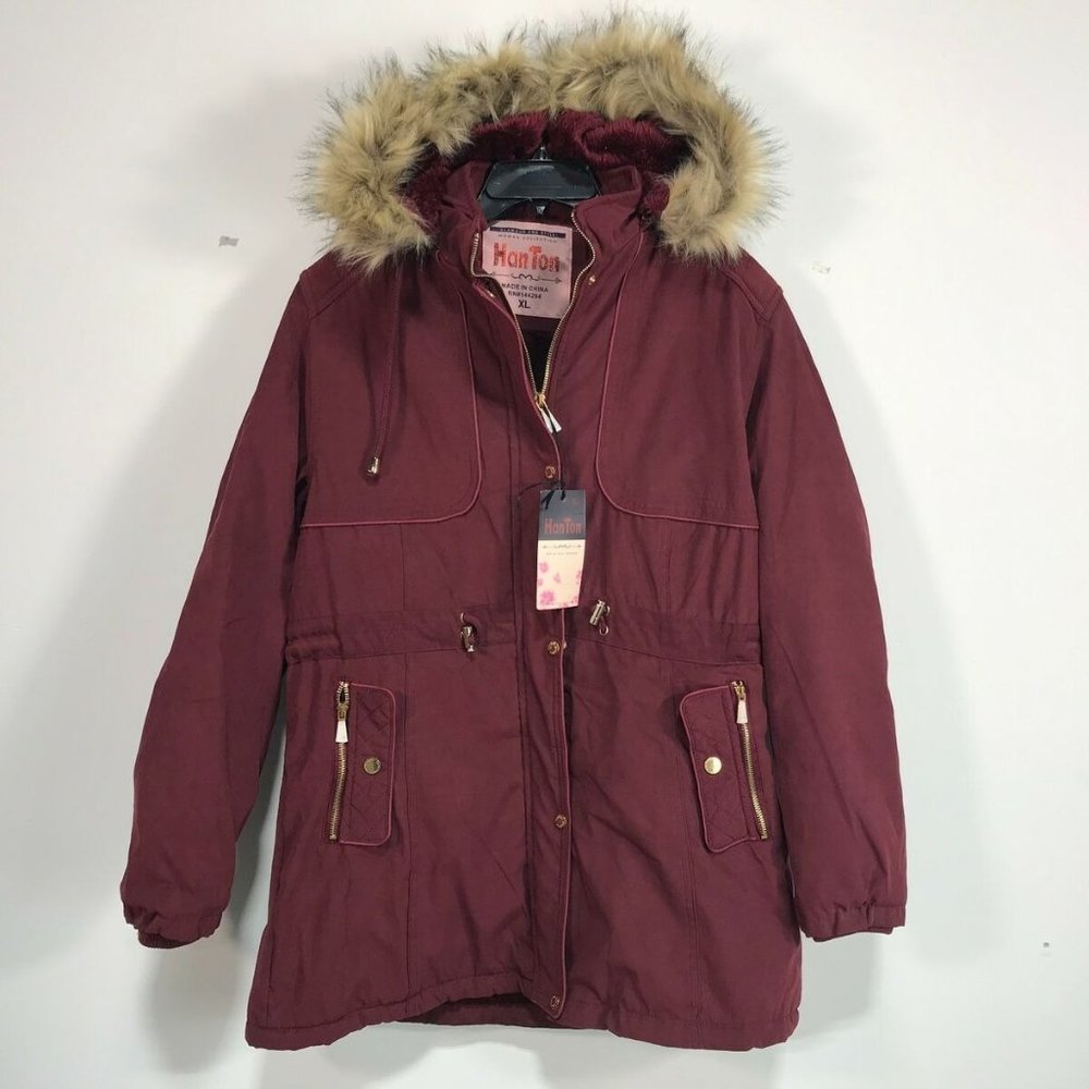 HanTon Fur Trim Hood Full Zip Parka, Women's Size XL - Maroon